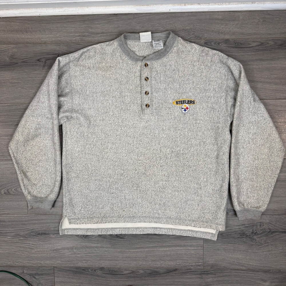 Pittsburgh‎ Steelers 90s The Edge Henley Sweatshirt L Gray Embroidered Logo VTG